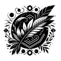 Intricate black and white featuring stylized feathers, geometric shapes, and floral accents, arranged in a symmetrical, circular composition. vector
