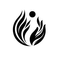 Abstract black and white featuring stylized hands cupping stylized flames or leaves, with a single floating black circle above. vector