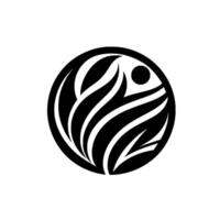 A stylized, symmetrical of a circle containing interwoven black and white organic shapes, possibly suggesting growth or nature, and a small black dot. vector