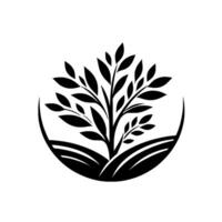 Symbolic Black and White Logo A stylized tree with lush foliage set within a curved frame, atop stylized rolling hills, evoking growth and nature. vector