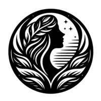Elegant Silhouette of a Womans Profile Within a Circular Frame, Surrounded by Stylized Foliage, Stars and Sunrise or Sunset Elements. vector