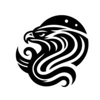 Stylized Black and White Eagle Head with Flowing Feathers and Crescent Elements, Set Against a Circular Backdrop. vector