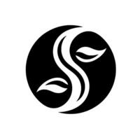 A minimalist black and white featuring stylized leaves and flowing lines, set within a circular frame, evoking natural growth and harmony. vector