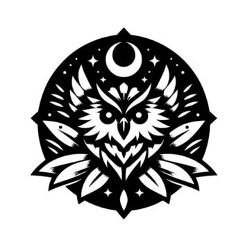 Intricate black and white illustration of an owl with detailed feather patterns, a crescent moon, stars, and a floral element, all encased within a circular design. vector
