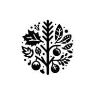 A stylized black and white illustration of a tree with leaves, berries, and orbs, forming a circular on a stark white background, evoking a minimalist aesthetic. vector