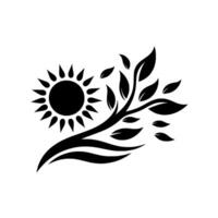 A stylized black and white silhouette featuring a sun alongside a branch of leaves and flowing, curved lines suggestive of water or wind. vector