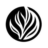 A minimalist featuring a stylized white leaflike shape emerging from within a solid black circle, set against a white background, emphasizing negative space and contrast. vector