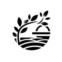 Elegant black and white design circular composition featuring a stylized tree with leaves, atop layered terrain, and a curved bridgelike element suggesting a sunrise or landscape horizon. vector