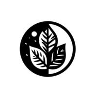 A stylized, symmetrical, black and white circular featuring three stylized leaves with intricate vein details, set against a contrasting black and white background, with a small moon and stars vector