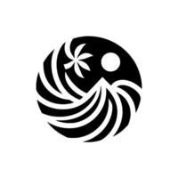A minimalist black and white circular featuring a palm tree, sun, and stylized waves within a dynamic, balanced composition. vector