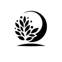 Minimalist black and white of a stylized tree within a crescent shape, with dots, on a white backdrop. vector