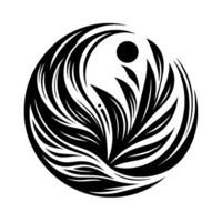 A symmetrical black and white circular composition depicting stylized plant forms and a central dot and small sphere against a bright white background. vector