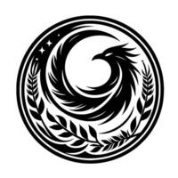 Stylized black and white phoenix within a circular border, framed by leaves, a celestial theme with stars, and a clean, minimalist aesthetic. vector