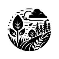 Stylized Black and White Circular Illustration of a Natural Landscape Featuring Trees, Leaves, Clouds, and Sun within a Decorative Frame. vector