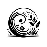Circular Black and White Floral Motif A stylized featuring swirling lines, organic shapes, and botanical elements including flowers and leaves, evoking a sense of nature and elegance. vector