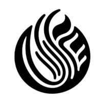 Abstract black and white featuring stylized flowing shapes and lines contained within a circular frame, creating a sense of movement and fluidity. vector