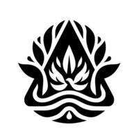 A stylized, symmetrical black and white emblem featuring a central triangle, surrounding foliage, a dove, and waterlike lines, conveying peace and nature. vector