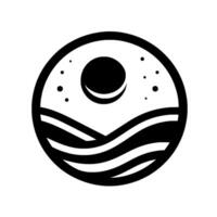 Stylized black and white circular representing a crescent moon over a landscape of rolling hills and stars. vector