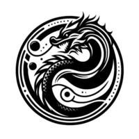A stylized, circular emblem depicting a serpentine, mythical dragon in a dramatic black and white design, evoking power and ancient traditions. vector
