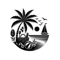 A monochrome illustration depicts a tropical beach scene with picnic basket, palm tree, sailboat, sun, birds, and summer elements in a circular design. vector