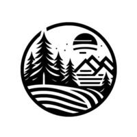 A serene, monochrome circular featuring stylized pine trees, a cabin nestled amongst undulating hills, and a sun with layered lines, capturing a tranquil wilderness scene. vector