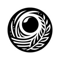 A monochromatic, stylized circular design, featuring a central black void and swirling white lines with a surrounding leaflike motif and subtle dot accents. vector