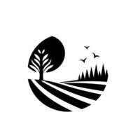 Minimalist Silhouette Black and White Landscape with Tree, Fields, and Birds Against a White Background. vector