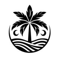 A stylized black and white emblem featuring a palm tree with crescent moons, waves, and an encompassing circle. vector