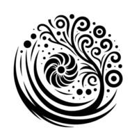 Intricate Black and White Circular Floral Featuring a Central Spiral and Branching Elements, Isolated. vector