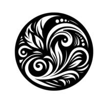 Intricate floral rendered in black and white, forming a symmetrical pattern within a circular frame, evoking elegance and classical aesthetics. vector