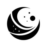 Stylized monochrome space illustration featuring a crescent moon incorporating celestial bodies, stars, and circular elements. vector