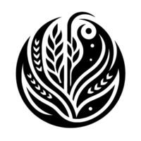 Symbolic Monochrome Design A circular composition featuring stylized wheat, leaves, and an eyelike element, rendered in a minimalist aesthetic against a white backdrop. vector
