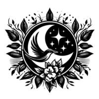 Serene night scene A graceful bird soars before the moon and stars, framed by elegant floral and leafy elements, in black and white linework. vector