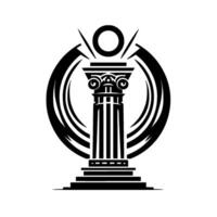 Bold GreekInspired Emblem A Black and White Depicting a Column with Orbital Elements and a Radiant Sun, Against a Pure White Background. vector
