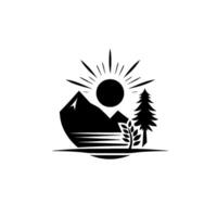 A stylized black and white showcasing a mountain scene, sun rays, evergreen tree, and a stylized leaf with the entire scene enclosed in an oval shape. vector