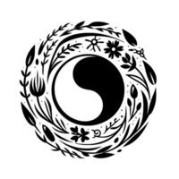 Circular black and white floral Yin Yang design, composed of plant elements and a central, balanced symbol, emphasizing harmony. vector