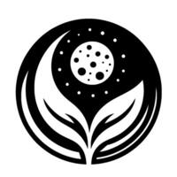 A stylized black and white featuring leaves and a celestial sphere, depicting the moon amongst stars. vector