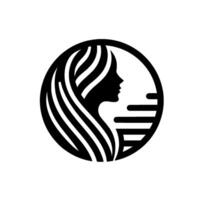 Minimalist black and white featuring a womans silhouette with flowing hair inside a circle, with horizontal bars. vector