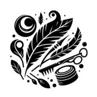 Stylized black and white illustration of artistic tools, including feathers, a comb, scissors, and circles, arranged in a circular composition. vector