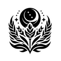 Intricate black and white floral emblem featuring a crescent moon, stars, and symmetrical botanical elements on a stark white backdrop. vector