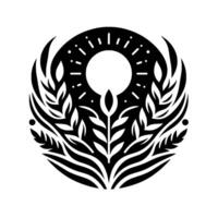 A symmetrical black and white featuring a central sunlike circle, surrounded by stylized wheat and leaves, representing growth and nature within a circular frame. vector