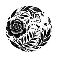 A symmetrical, monochromatic floral featuring a large, detailed central bloom, surrounded by leaves and smaller flowers in a circular arrangement against a white backdrop. vector