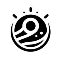 Abstract black and white stylized emblem resembling a planet, with orbital lines and radiating elements, simple and modern. vector