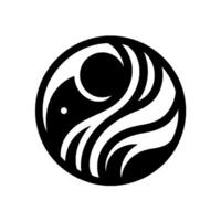 A stylized black and white circular emblem, depicting a flowing, organic design, possibly representing a birds head or an abstract wave, against a clean white backdrop. vector