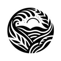 Circular, black and white stylized artwork depicting a serene landscape within a circle, evoking natural elements, reminiscent of Polynesian art. vector