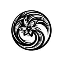 Intricate Black and White Floral with Swirling Petals and Dot Accents, Enclosed within a Circular Frame, Creating a Harmonious and Symmetrical Emblem. vector