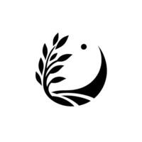A stylized, monochromatic featuring a crescent moon, a dot representing a star, and a sprig of leaves, creating a symbolic and serene composition against a white backdrop. vector