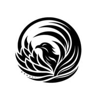 A stylized, minimalist black and white depicting a majestic eagle within a circular composition, showcasing intricate feather details. vector