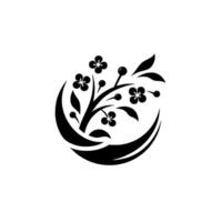 Abstract black floral design, resembling a stylized branch with flowers and berries, encircled by a curved element, set against a white backdrop. vector