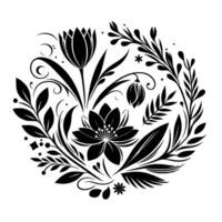An elegant floral composition, a monochrome botanical arranged in a circular pattern, featuring stylized flowers, leaves, and intricate swirls. vector